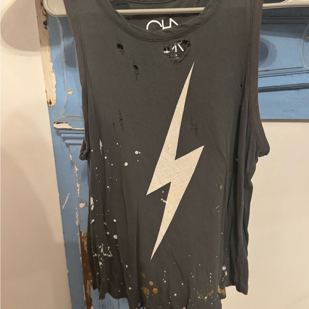 Chaser distressed Gray Tank Top with White Lightning Bolt